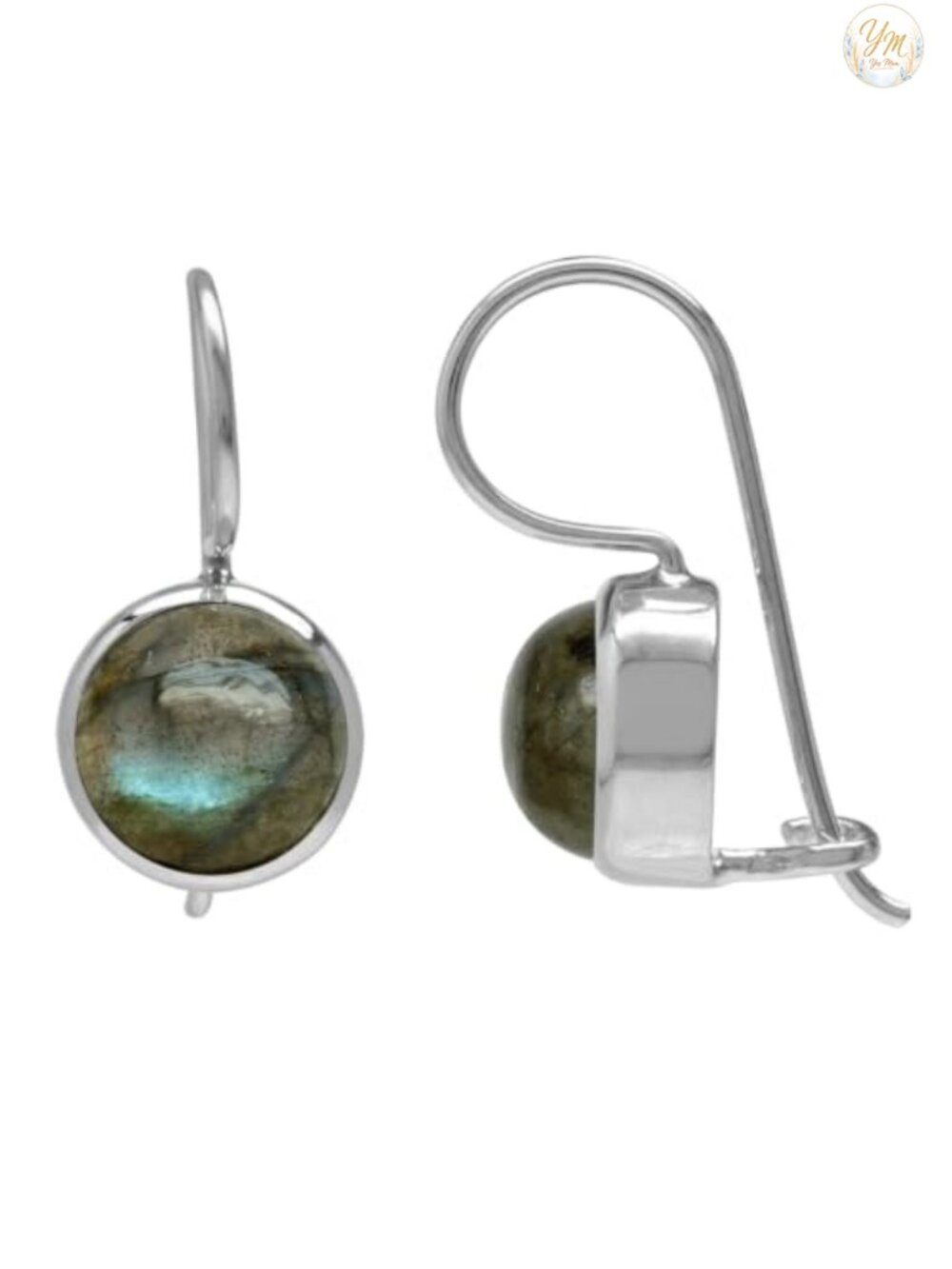 8MM Round Cabochon Labradorite Drop Earrings White Gold Plated 925 Sterling